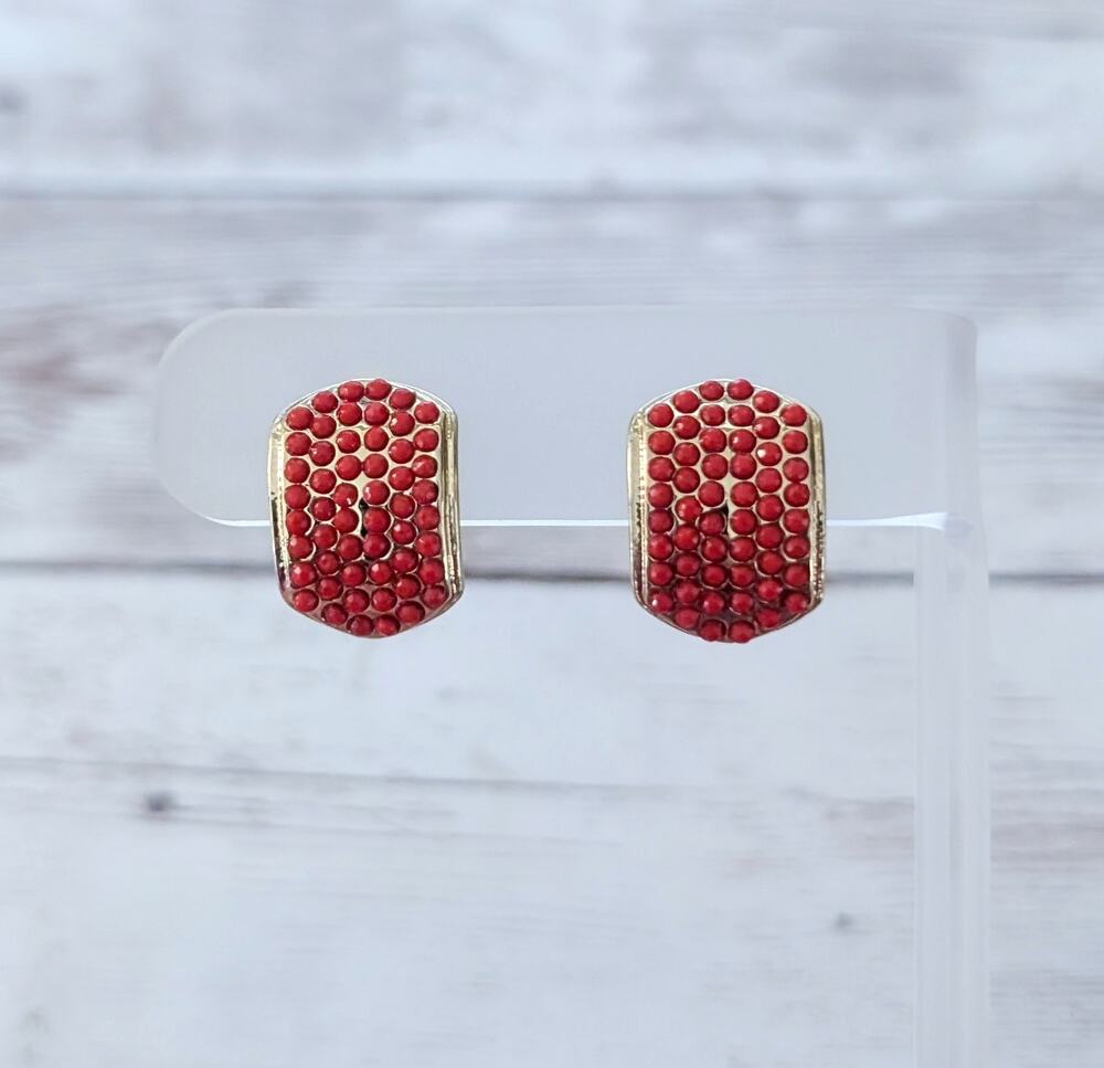Vintage Clip On Earrings Red & Gold Tone Curved 0.75"